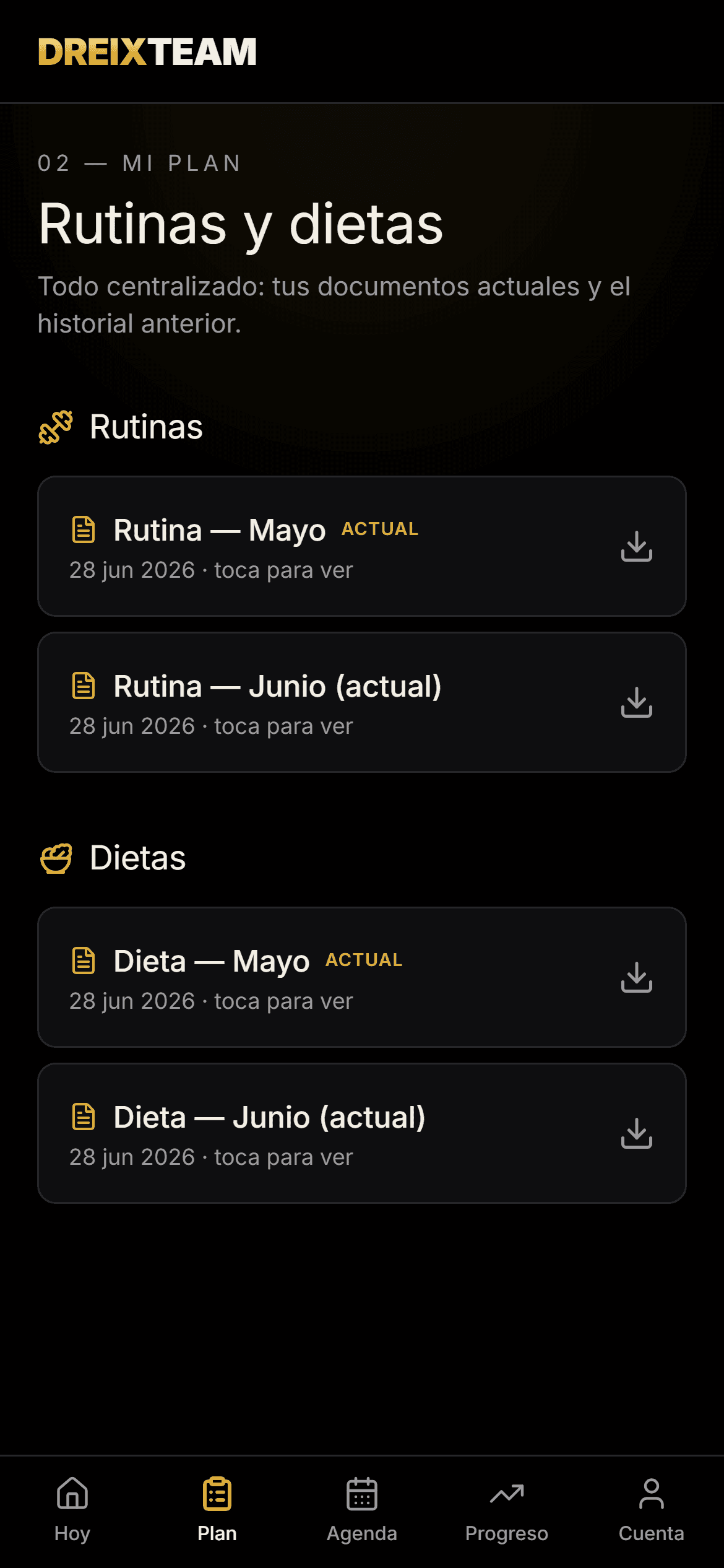 App de cliente de Dreix Team: rutinas y dietas